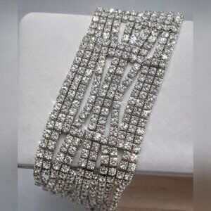 Vintage Wide Multi-Row Rhinestone Cuff Bracelet - Silver Tone 8" + 3" Bridal
